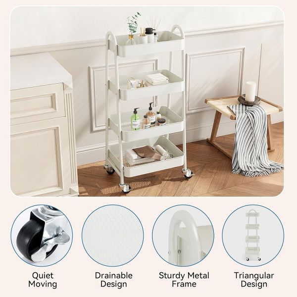 Four Layer Rolling Storage Cart, Metal Utility Cart with Lockable Casters