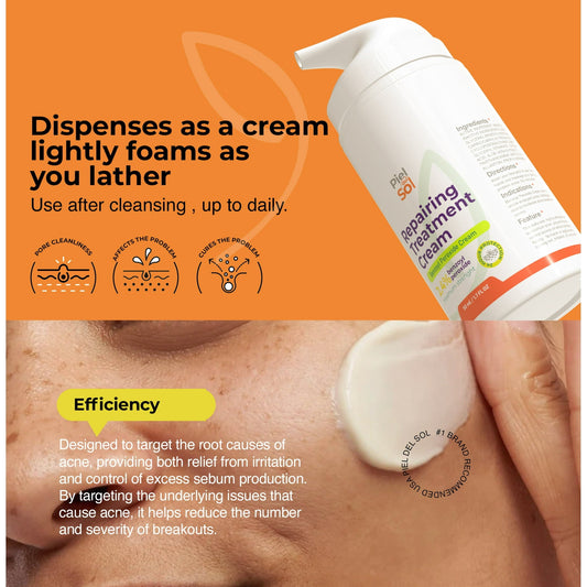 Piel del Sol cosmetics Acne Cleansing Cream & Repairing Treatment - Face & Body Skincare with Benzoyl Peroxide, Sweet Almond Oil, Tea Tree Oil, Aloe Vera Extract for Acne Spot Treatment, 50ml