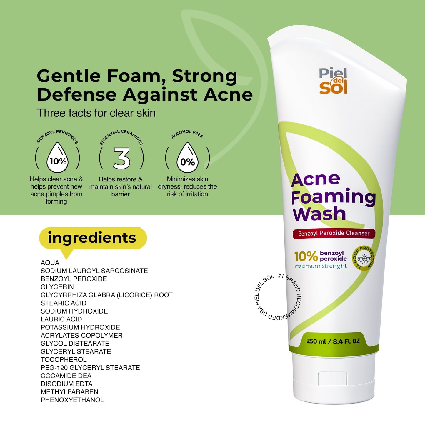 Acne Foaming Wash Cleanser, Benzoyl Peroxide Acne Treatment for Face, Body, pH Balancing - Fragrance-Free Foam Face Wash Moisturizer with Licorice Root, Vitamin E, Antioxidants 250ml.