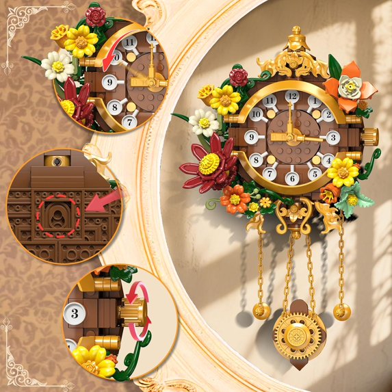 Flowers Retro Telephone Clock Building Set, 2 in 1 Vintage Phone & Flower Clock Model, 882 Pcs Collectible Kit for Home Decor, Gift for Adults, Teens Age 12+