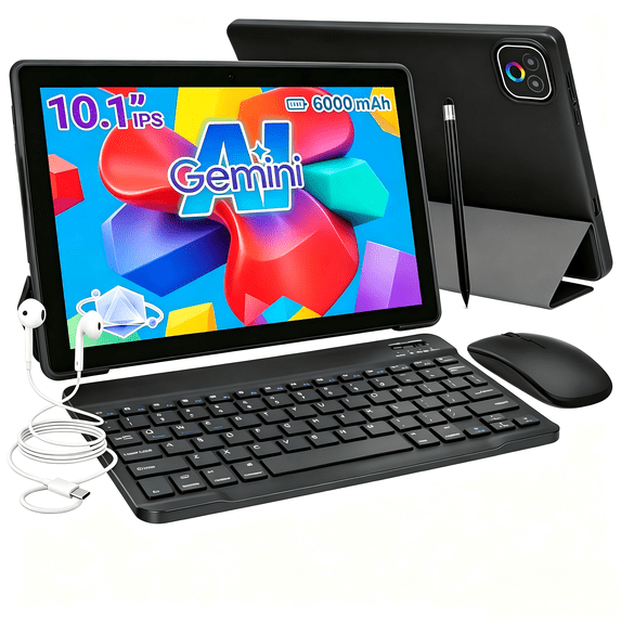 BUFO 10 Inch Tablet with Gemini AI and Keyboard set, 34GB+128GB, 6000mAh, Face Unlock, Android 16, Black