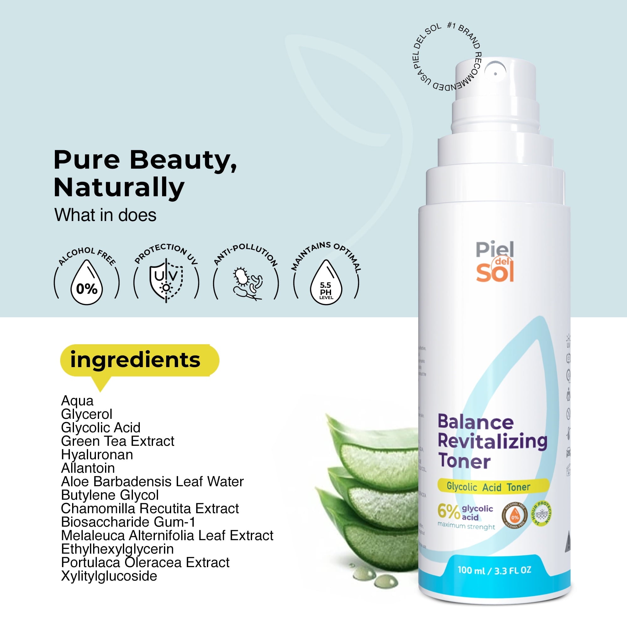 Piel del Sol - Refresh & Glow Glycolic Acid Toner – Alcohol-Free Hydration & Skin Renewal - For All Skin Types(100ml)