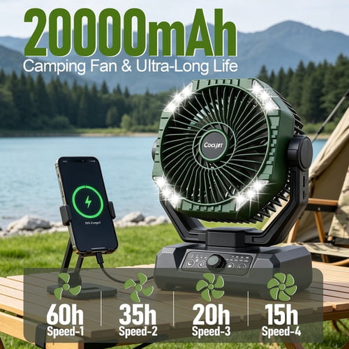 20000mAh Camping Fan with Light, Portable Battery Powered Outdoor Fan with 120° Oscillation, Remote and Timer, Rechargeable Tent Fan for Travel, Hiking, Fishing, Picnic