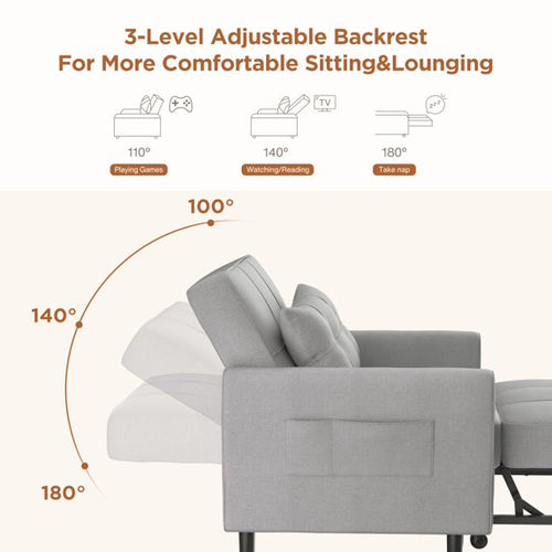 3-in-1 Convertible Sofa Chair Bed, Adjustable Backrest Sleeper Sofa, Single Sofa Bed for Living Room, Apartment, Light Gray