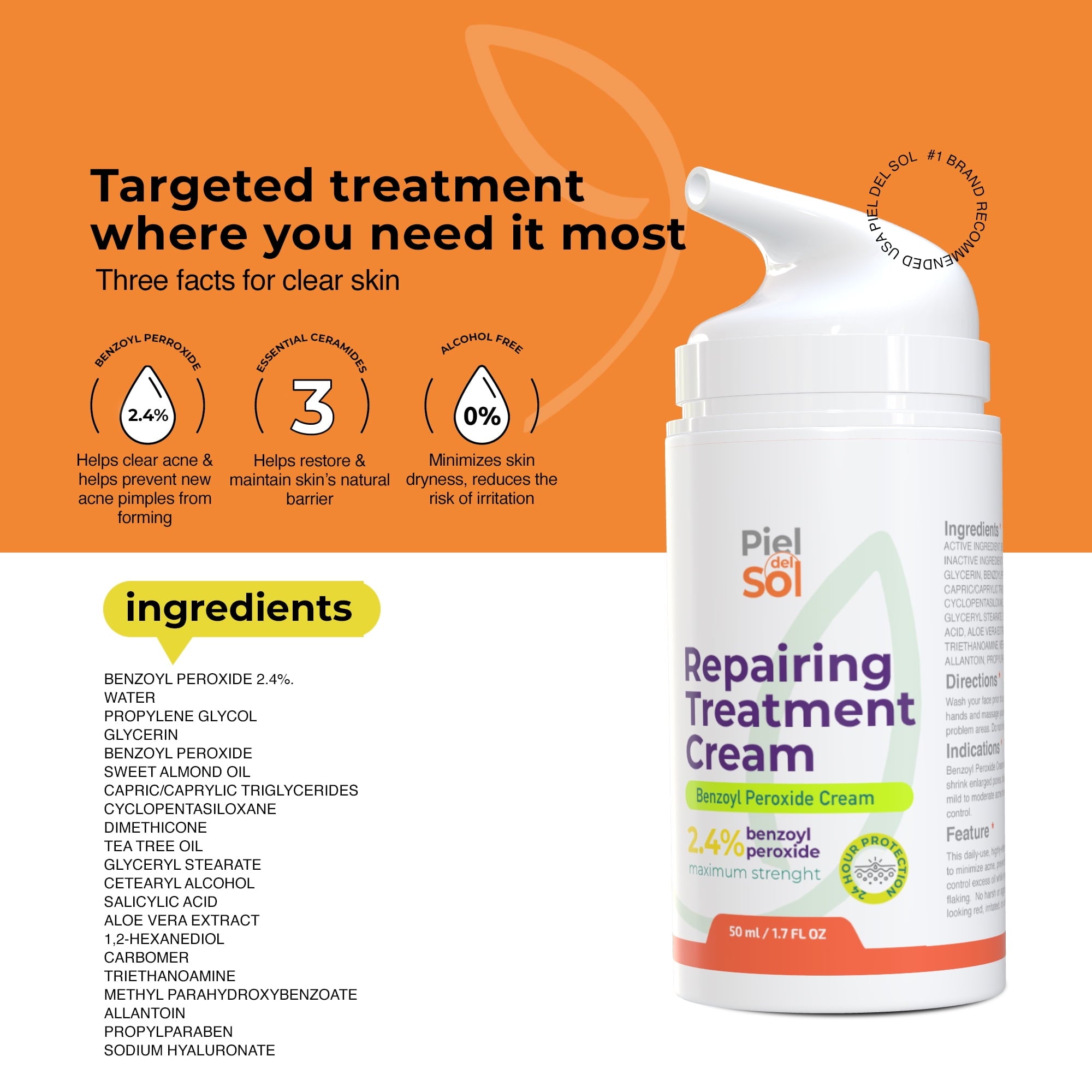 Piel del Sol cosmetics Acne Cleansing Cream & Repairing Treatment - Face & Body Skincare with Benzoyl Peroxide, Sweet Almond Oil, Tea Tree Oil, Aloe Vera Extract for Acne Spot Treatment, 50ml