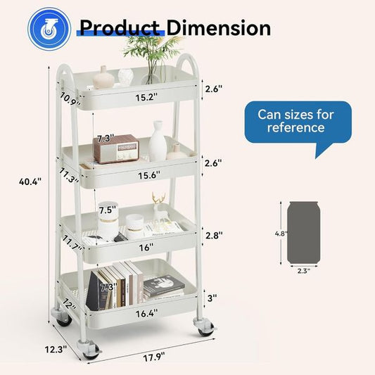 Four Layer Rolling Storage Cart, Metal Utility Cart with Lockable Casters