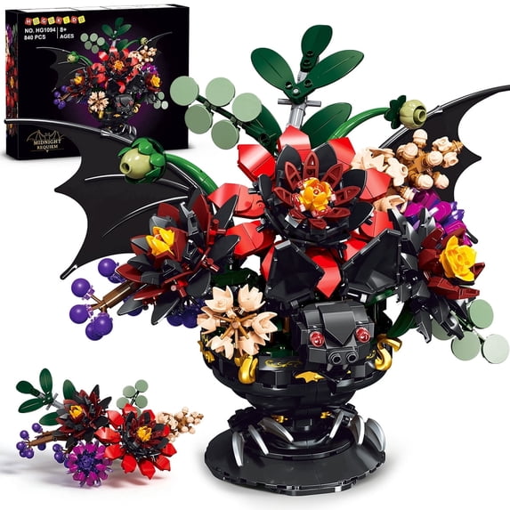Gothic Flowers Building Set, 840 Pcs Midnight Theme Artificial Flower Bouquet Construction Kit with Display Base, Creative Home Decor Toy for Kids Ages 8+