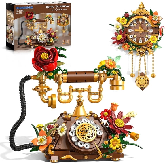 Flowers Retro Telephone Clock Building Set, 2 in 1 Vintage Phone & Flower Clock Model, 882 Pcs Collectible Kit for Home Decor, Gift for Adults, Teens Age 12+