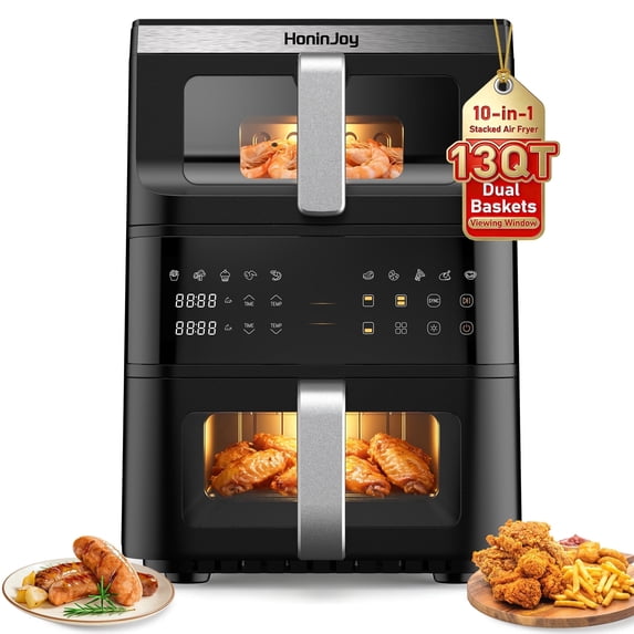 13 QT Stack Double Basket Air Fryer, Space Saving Design, 10-in1 Air Fryer, Roast, Bake & More, Easy to Clean, Dishwasher Safe Parts