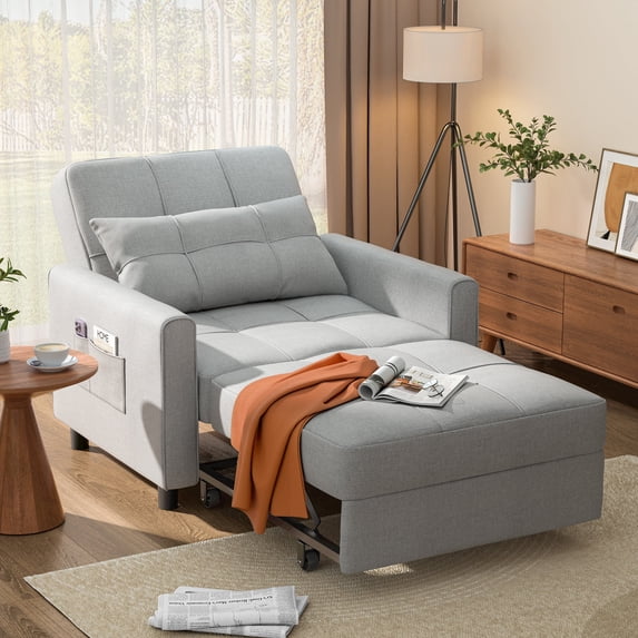 3-in-1 Convertible Sofa Chair Bed, Adjustable Backrest Sleeper Sofa, Single Sofa Bed for Living Room, Apartment, Light Gray