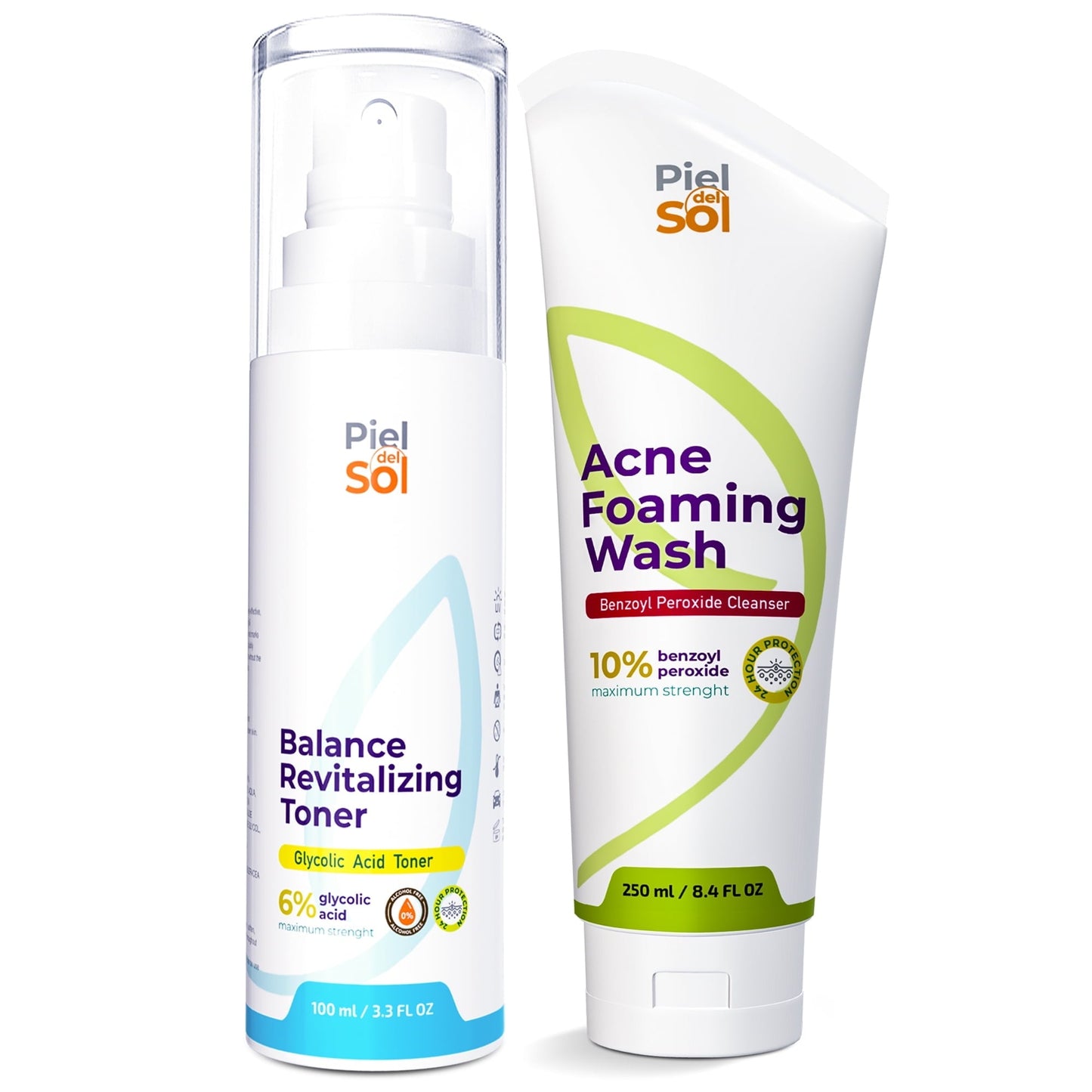 Piel del Sol Daily Care Set Acne Foaming Wash Cleanser and Alcohol-Free Facial Toner