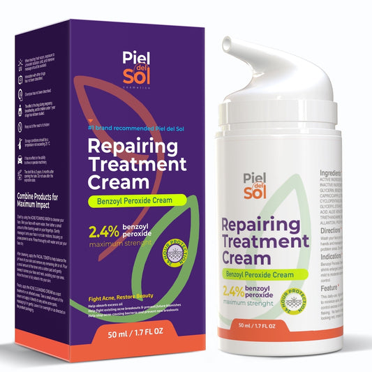 Piel del Sol cosmetics Acne Cleansing Cream & Repairing Treatment - Face & Body Skincare with Benzoyl Peroxide, Sweet Almond Oil, Tea Tree Oil, Aloe Vera Extract for Acne Spot Treatment, 50ml