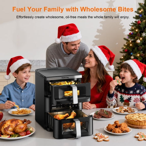 13 QT Stack Double Basket Air Fryer, Space Saving Design, 10-in1 Air Fryer, Roast, Bake & More, Easy to Clean, Dishwasher Safe Parts