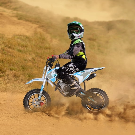 VK 58cc 4-Stroke Gas Powered Mini Dirt Bike for Kids, Fully Automatic Youth Off-Road Motorcycle with Speed Governor, Pull Start, Blue/White