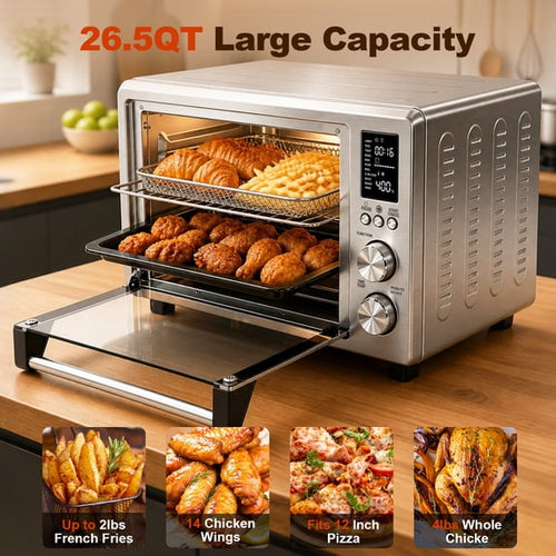 26.5QT Air Fryer Toaster Oven, Digital Control with 11-in-1 Multifunction Countertop, Clear-viewing Window, Oil-Less 1500W, Stainless Steel