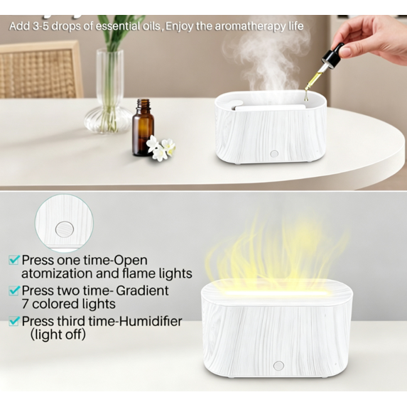 Essential Oil Diffuser, Wood Grain Aroma Air Diffuser with Flame and LED Light