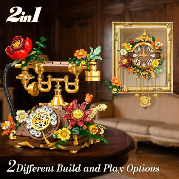Flowers Retro Telephone Clock Building Set, 2 in 1 Vintage Phone & Flower Clock Model, 882 Pcs Collectible Kit for Home Decor, Gift for Adults, Teens Age 12+